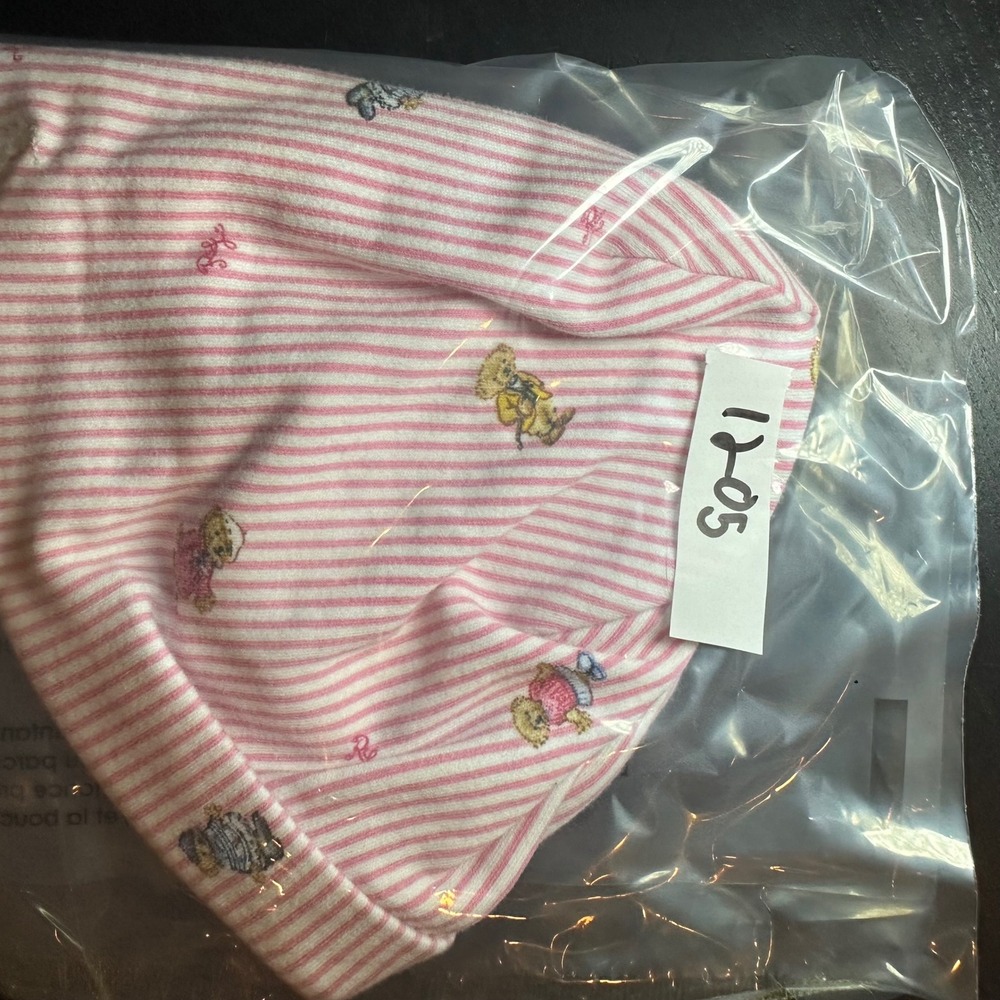 Ralph Lauren Polo Bear Beanie Girls 3-9M Pink Stripe Cotton Hat - Picture 9 of 9